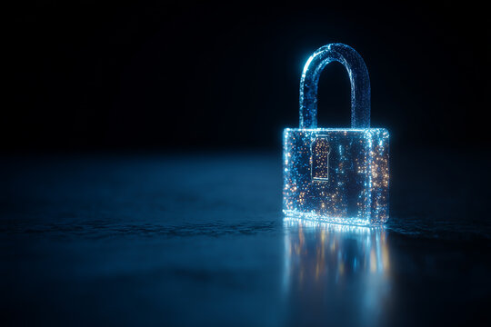 Cybersecurity padlock with glowing digital particles