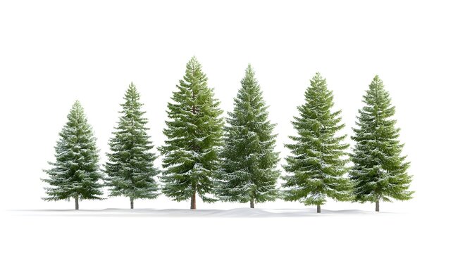 A picturesque collection of snow laden evergreen trees presented in a row against a clean white backdrop symbolizing winter s beauty and tranquility