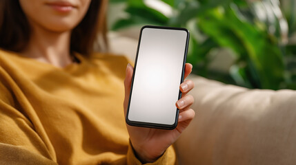 Close-up of a woman in mustard yellow holding a vertical smartphone with a blank white screen mockup, relaxed at home amidst indoor plants.