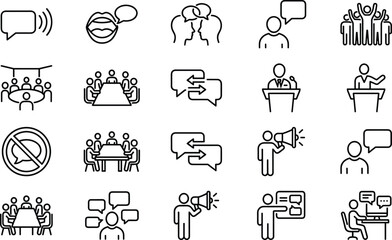 Communication line icons set, business meeting symbols, public speaking vector, conversation outline, conference table, megaphone sign, speech bubble, discussion, dialogue.