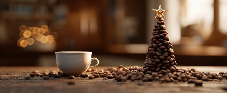 The Coffee Bean Tree Beside a Steaming Cup on a Rustic Wooden Table - Powered by Adobe