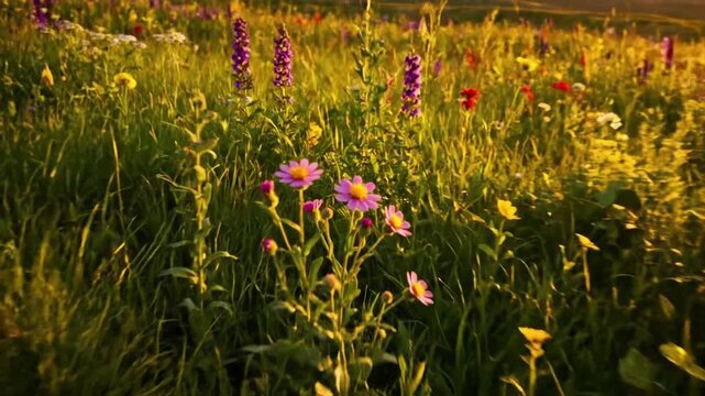 Capturing the vibrant ecosystem of a flourishing meadow, showcasing a rich tapestry of native wildflowers and various types of grasses swaying gently in the breeze.