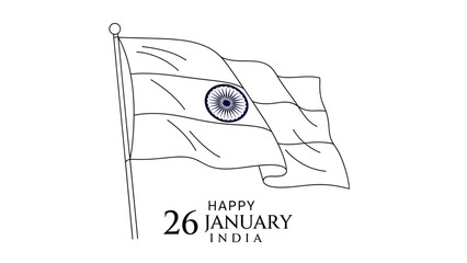 Naklejka premium Line art drawing of the Indian flag waving with 'Happy 26 January India' text, celebrating Republic Day.