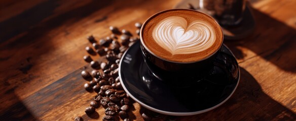 The Coffee Cup with Heart Shaped Latte Art on a Rustic Wooden Table