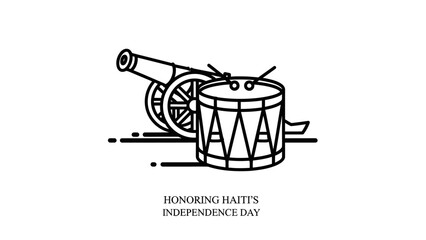 Line art illustration honoring Haiti's Independence Day with a cannon and a traditional drum.