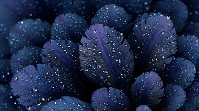Intimate view of wet deep purple foliage glistening with numerous small water droplets highlighting the intricate patterns and organic beauty of nature in a dark atmospheric setting