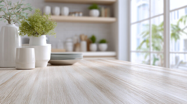 A well-lit, serene kitchen interior with a wooden countertop, various dishware and some vases on the table near the window. It's a clean and inviting space that suggests a sense of peace and comfort
