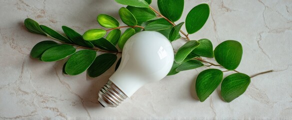 The lightbulb resting on green leaves symbolizes eco friendly energy and sustainable innovation