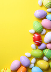 Easter eggs on a colored background, festive background . Vertical photo format