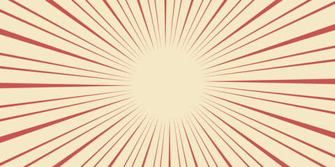 Red sunburst lines on yellow Background. Light sun rays pattern. Vintage stripes halftone radial wallpaper for poster, banner, advertising backdrop, comic or
