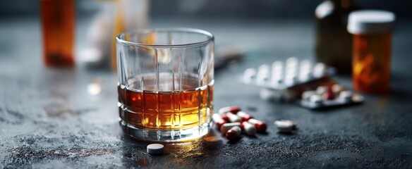 The Whiskey Glass Surrounded by Prescription Pills and Bottles on a Dark Table