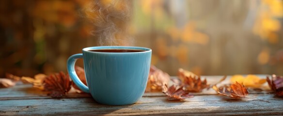 The mug of steaming coffee on rustic wooden table with autumn leaves