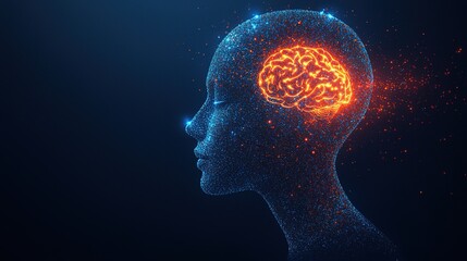 3D Render of Human Head Silhouette with Glowing Brain and Particle Effects