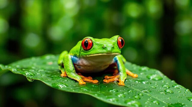 A macro shot capturing the intricate skin texture and vibrant coloration of an exotic frog, perfectly camouflaged amidst lush, dew kissed foliage in a tropical rainforest.
