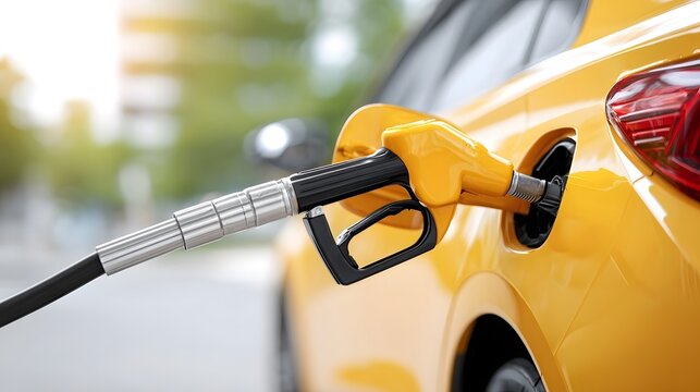 Fototapeta Close up shot of a yellow car receiving fuel from a gas pump illustrating the process of refueling a vehicle