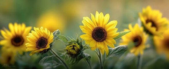 The Sunflowers in Bloom with Soft Bokeh Background and Vibrant Yellow Petals