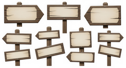 Collection of empty wooden signs with blank paper isolated on transparent background