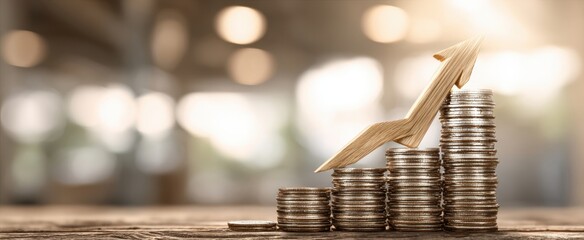 The Coin Stacks with Upward Arrow Symbolizing Financial Growth and Investment Success
