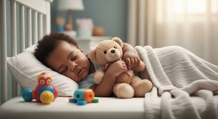 Black baby in pajamas sleeping soundly, cuddling teddy bear in crib bedroom.