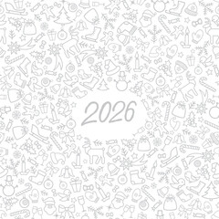 Christmas icon holiday background with 2026 lettering. Happy New Year  poster Winter holiday  greeting card design. Happy Winter Holiday line drawn decoration with handwritten numbers 2026