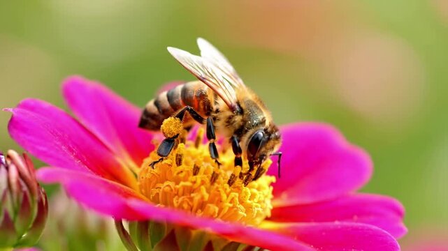 A detailed close up of a buzzing bee diligently collecting nectar and pollen from a vibrant flower, showcasing its delicate legs and wings. Macro focus on the bee's interaction with the stamen and?