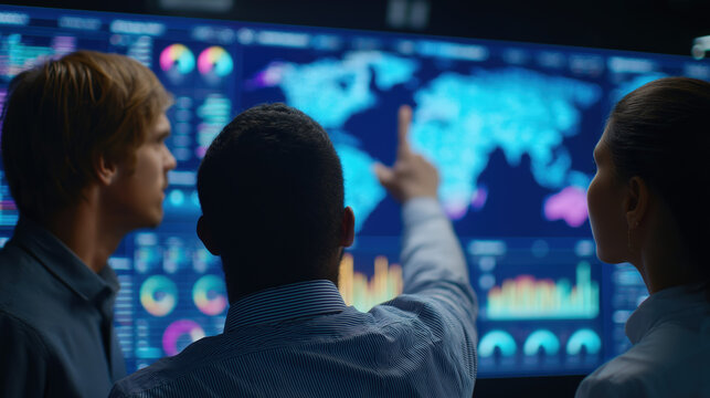 Collaborative business team analyzing global market data on a large digital screen, using advanced analytics for strategic decision making and international tracking.