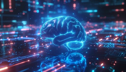 Conceptual visualization of a glowing blue digital brain processing data within a futuristic network, symbolizing artificial intelligence and advanced technology