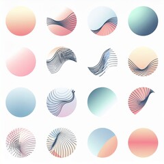 Set of abstract circular design elements featuring futuristic warped line art and soft pastel gradient backgrounds for modern logos
