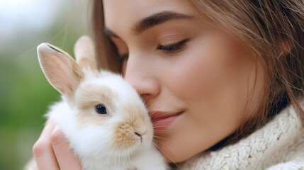 Close up portrait of a woman with her eyes closed holding a white and brown rabbit affectionately  Soft focus background suggests a serene natural environment