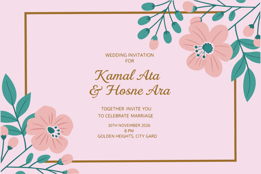 Elegant Pink Floral Wedding Invitation Template with Gold Frame