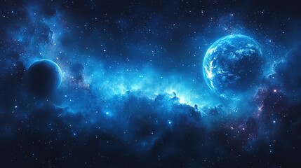 Blue - toned Celestial Bodies in Star - filled Space Background