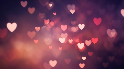 Soft focus romantic background with glowing pink and red heart shapes and bokeh effect