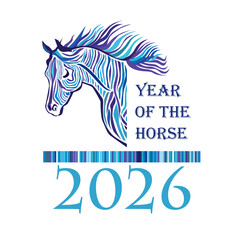 Happy new year posters for 2026. The year of the horse according to the Chinese calendar. Horse head painting. Wild animal drawing