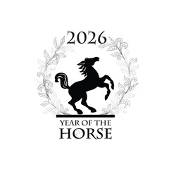 Horse silhouette in wreath from branches with leaves. Line art drawing, Happy new year posters for 2026. Year of the horse according to the Chinese calendar. Horse head painting. Wild animal drawing