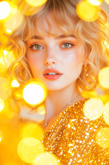 Fototapeta premium Beauty portrait of a festive woman with blonde hair and makeup. Young model in a gold sequin dress surrounded by bokeh lights for a New Year's celebration