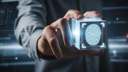 A person's hand holds a glowing digital cube displaying a biometric fingerprint scan, symbolizing advanced security and data protection.