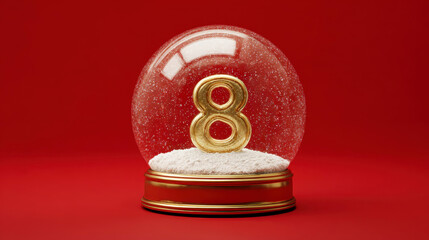 Snow globe with golden number 8 resting on snow against a vibrant festive red background. 12 days of christmas