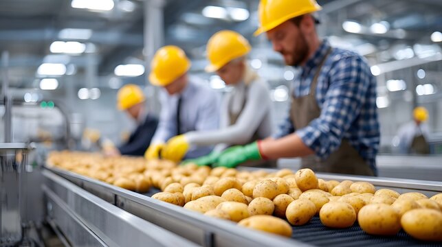 Food industry workers wearing safety gear examine fresh potatoes on a production line conveyor belt at a manufacturing facility