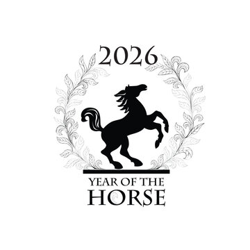 Horse silhouette in wreath from branches with leaves. Line art drawing, Happy new year posters for 2026. Year of the horse according to the Chinese calendar. Horse head painting. Wild animal drawing