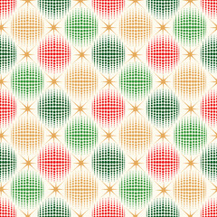 Holiday decor seamless pattern. Christmas icon ornament. Halftone balls and stars noel festive decor
