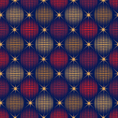 Holiday baubles seamless pattern. Christmas icon ornament. Halftone balls and stars noel festive decor