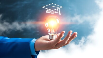 Hand holding a glowing light bulb with a graduation cap symbolizing knowledge and education