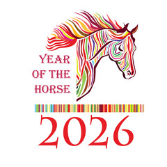 Happy new year posters for 2026. Year of the horse according to the Chinese calendar. Horse head painting. Wild animal drawing