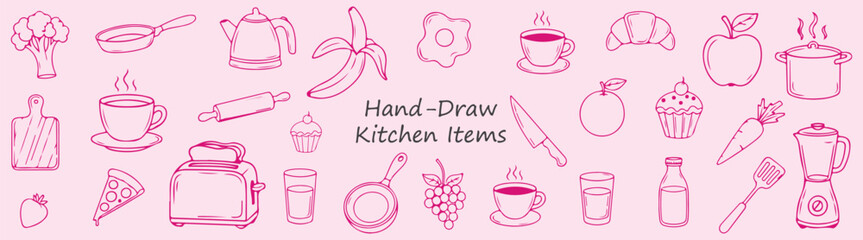 Hand Drawn Kitchen Icons Illustration Cute Food Clipart Cooking Utensils Vector Fruit Breakfast Vegetable Dessert Foodie
