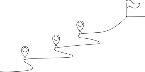 Continuous Line Journey Path - Minimalist One Line Art with Location Pins and Goal Flag