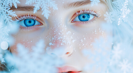 Fototapeta premium Winter beauty portrait of a woman with bright blue eyes. Fantasy face with frosted eyelashes and snowflakes for a holiday concept