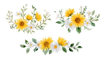 Fototapeta premium Decorative watercolor floral arrangements showcasing bright yellow sunflowers and white daisies intertwined with lush green leaves and branches