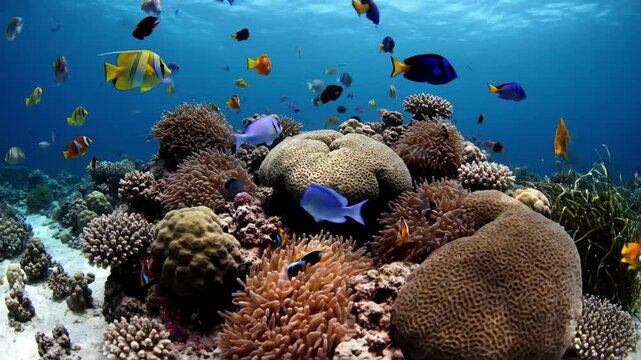 Vibrant coral reef ecosystem teeming with diverse tropical fish species, showcasing their intricate swimming patterns and brilliant coloration amidst natural marine flora.