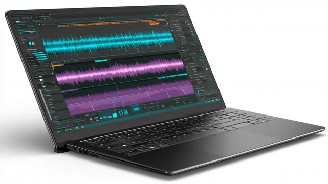 ノートPCに音楽制作の波形トラックが表示されている