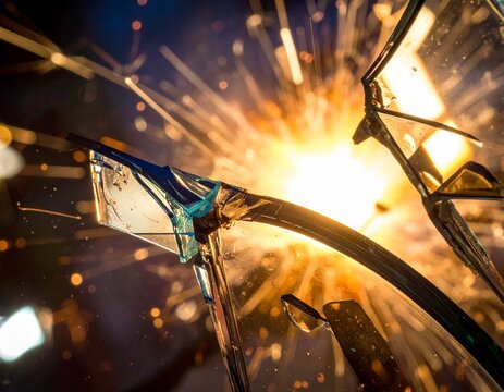 Shattered glass flying through fiery explosion with glowing sparks and intense light burst. - Powered by Adobe